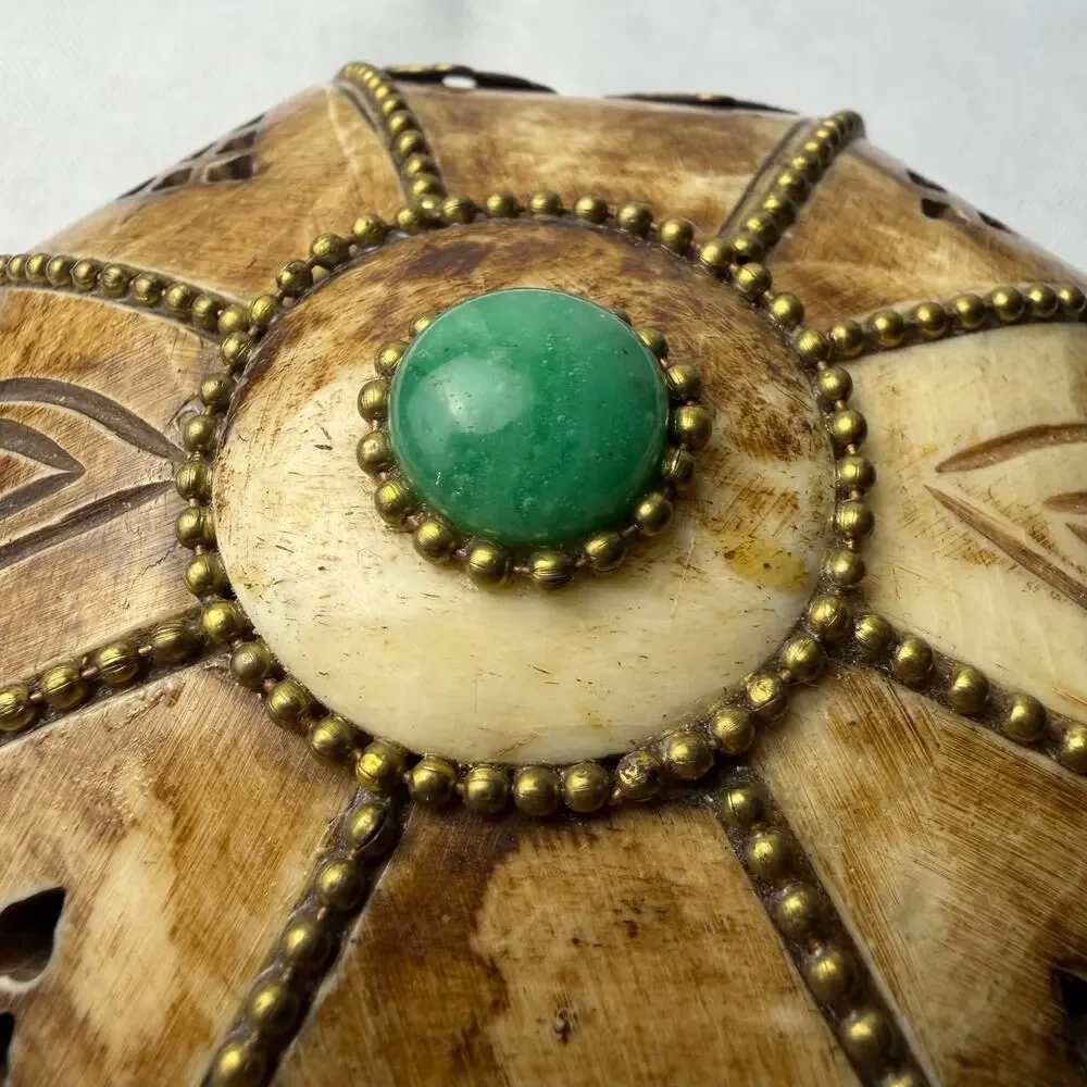 Vintage Camel Bone & Brass Trinket Box Octagonal India Green Cabochon